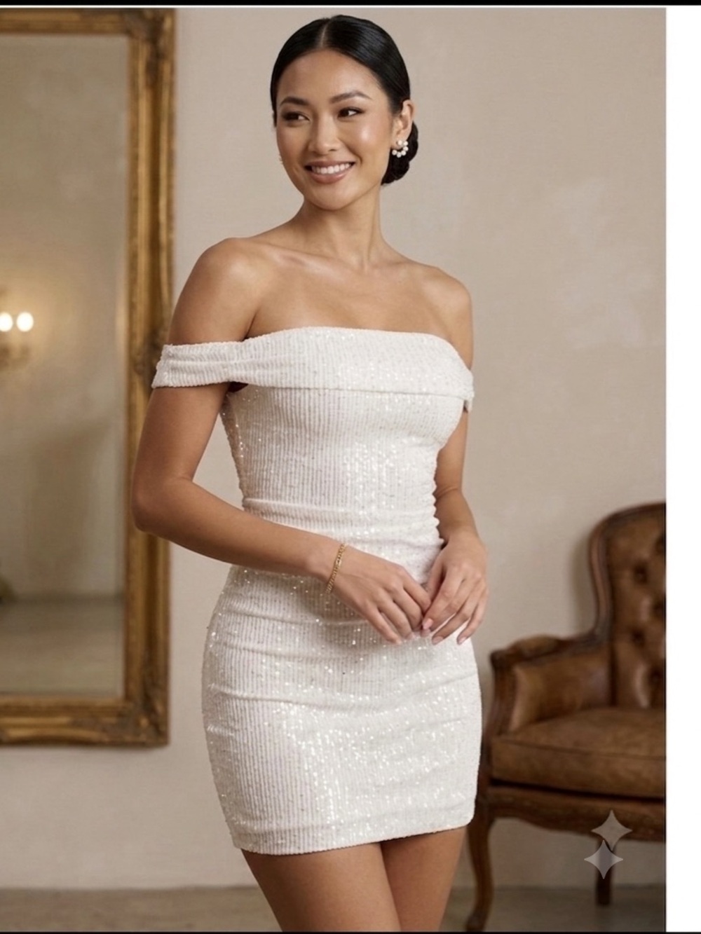 Peppermayo White Off-Shoulder Sequin Mini Dress